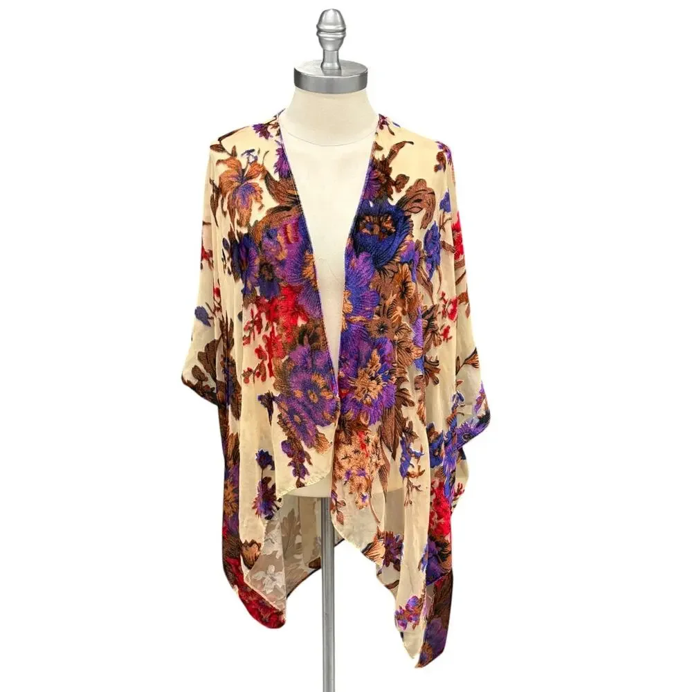 Woven Heart Vibrant Floral Kimono Cardigan One‎ Size Flowy Draped Boho Style - Picture 3 of 16